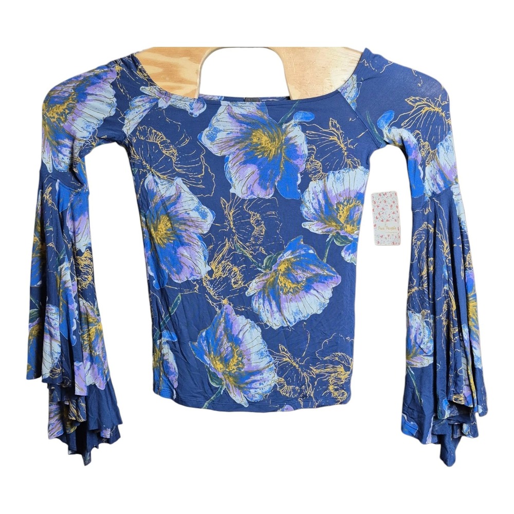 Free People We The Free XS Top Navy Floral Bell Sleeve Blouse NWT Boho Festival